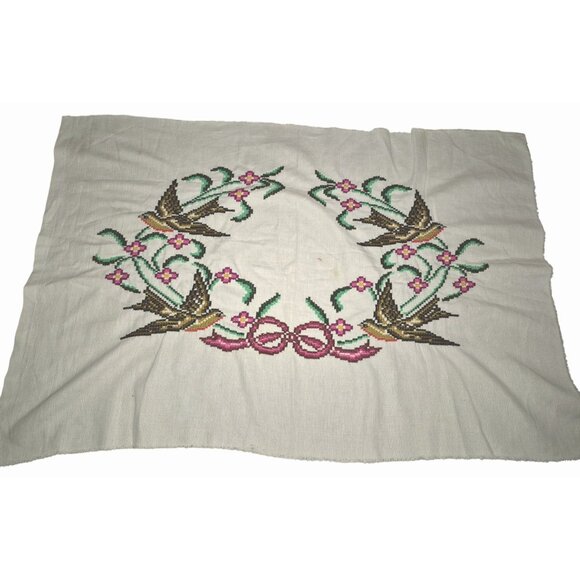 Vintage Hand-Stitched Embroidered Cross-Stitch Fabric Panels Swallows Floral - Picture 9 of 12